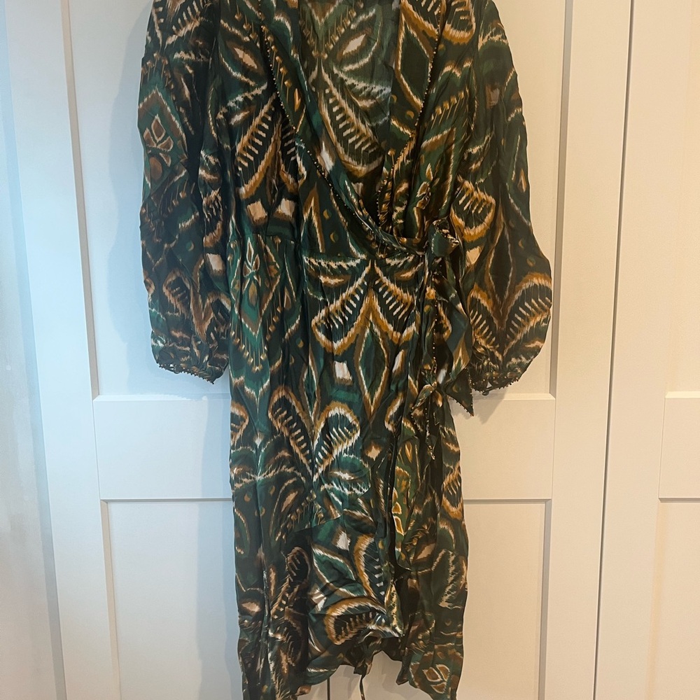 FARM Rio Green and Mustard High-Low Wrap Dress